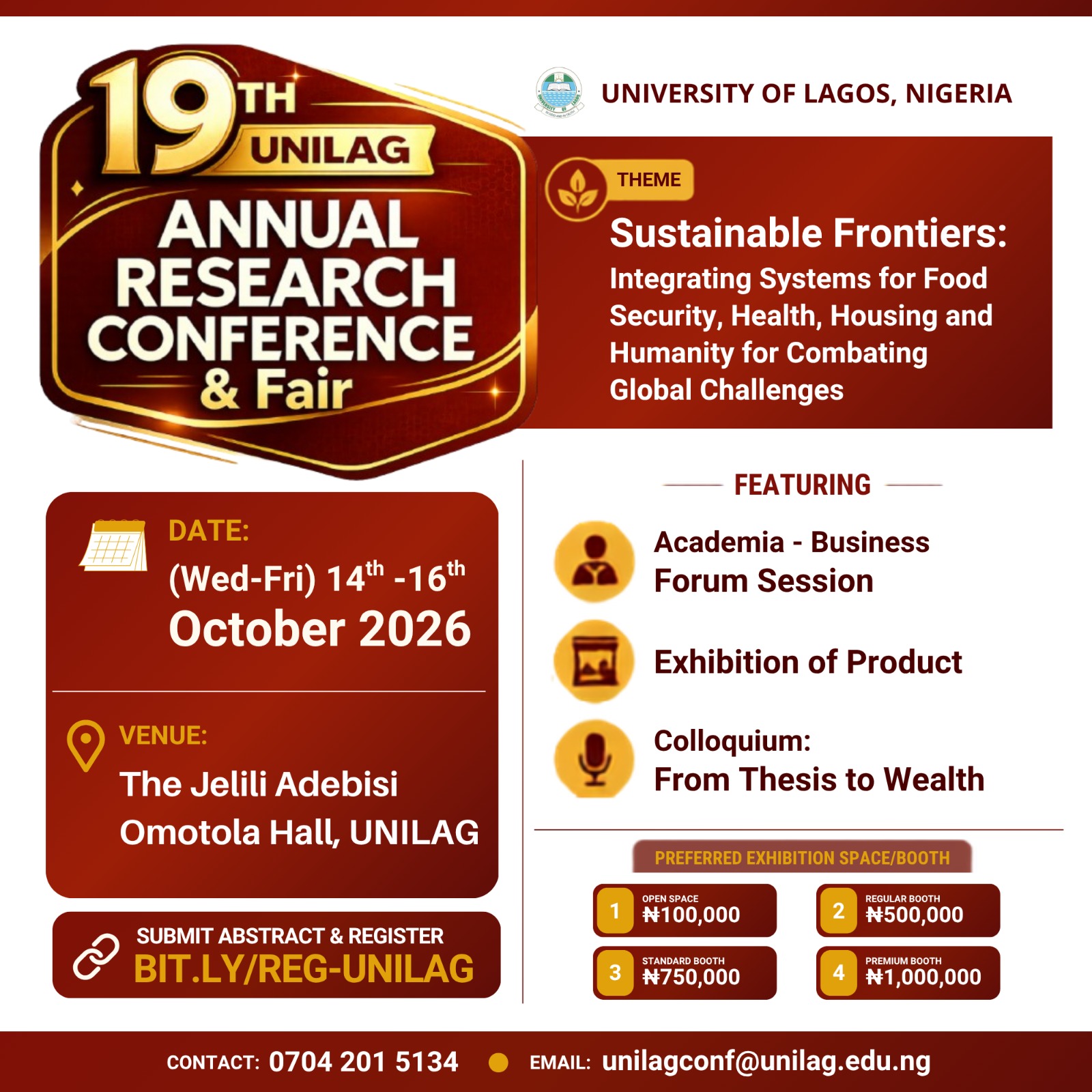 UNILAG 19th Annual Research Conference & Fair: Extension of Early-Bird Registration and Abstract Submission