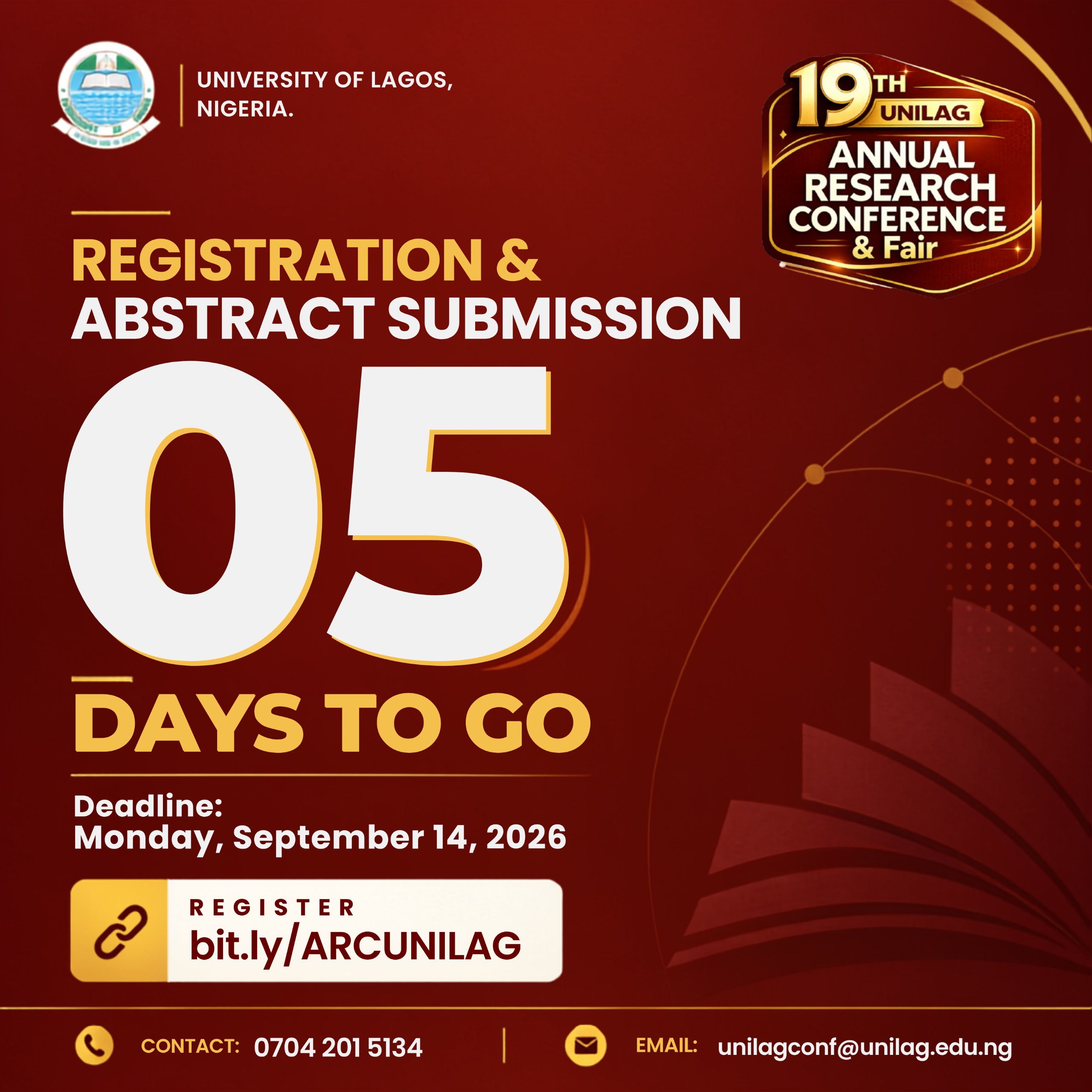 UNILAG 19th Annual Research Conference & Fair: Early-Bird Registration and Abstract Submission Ends, Sept. 14